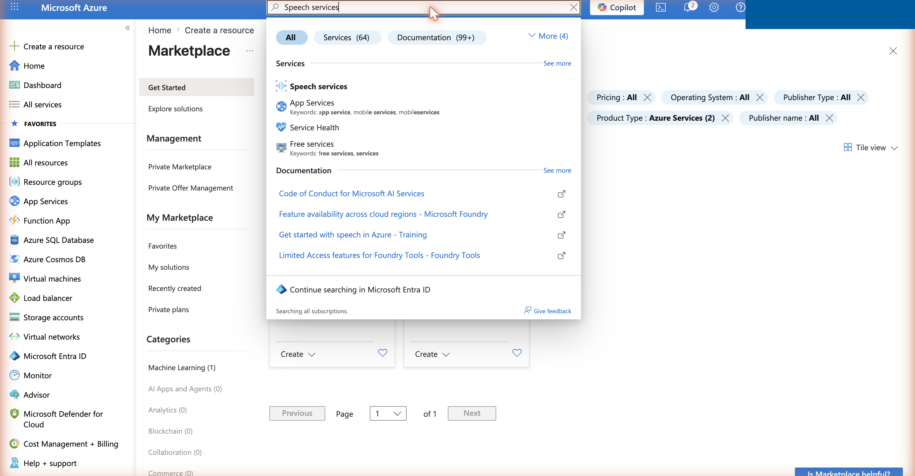 Azure portal top search: Speech services service
