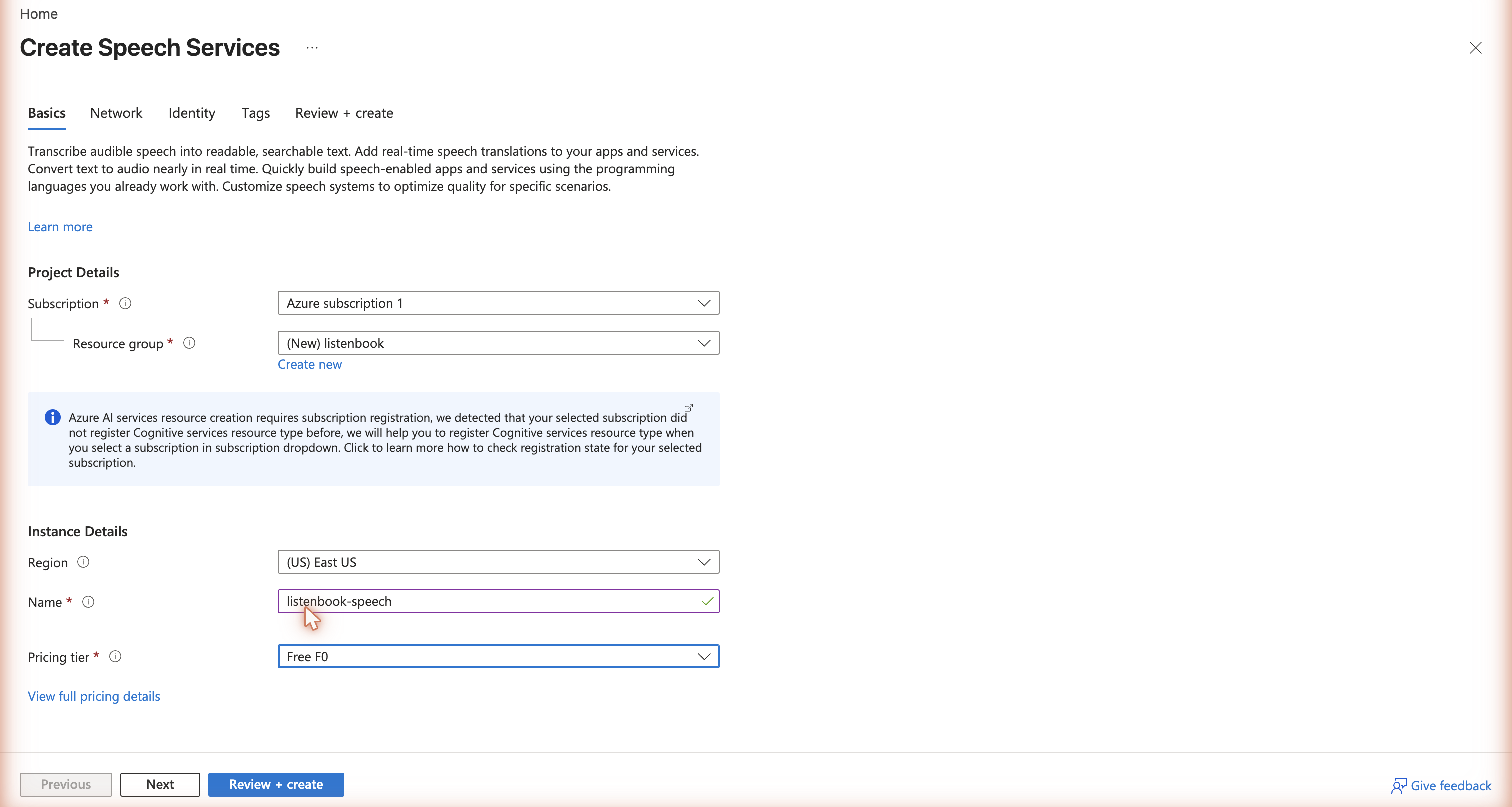 Speech service creation form with the Free F0 tier